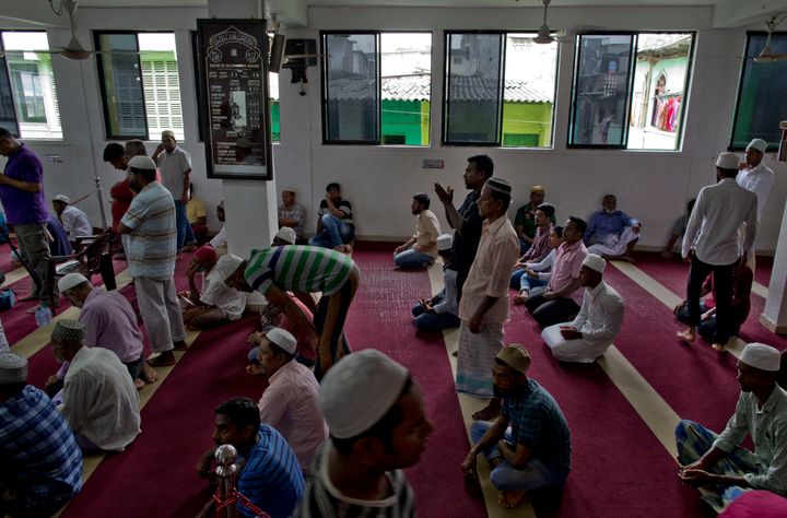 Muslim men gather to pray at a mosque in Colombo, Sri Lanka, Friday, April 26, 2019. 