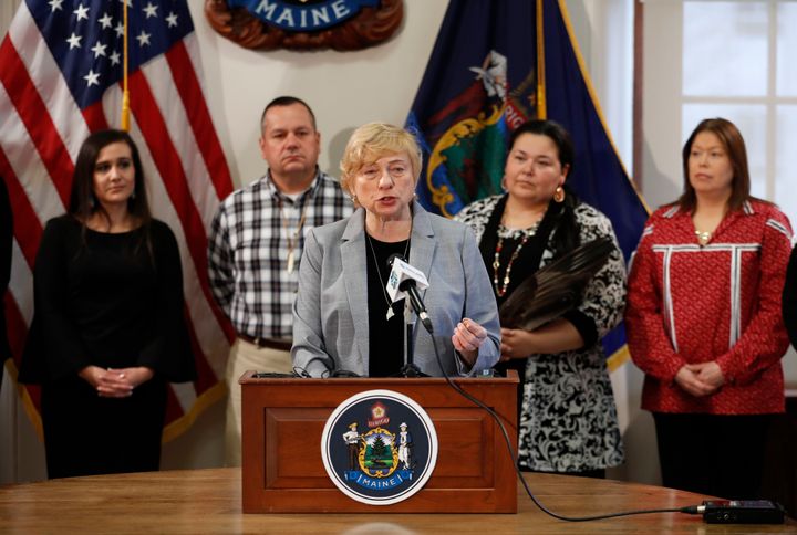 Maine Gov. Janet Mills speaks at the signing ceremony to establish Indigenous Peoples Day on April 26, 2019, in Augusta, Maine.