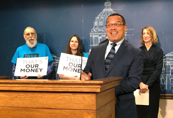 Minnesota Attorney General Keith Ellison discusses health care at a press conference on Tuesday. He is encouraging Congress t