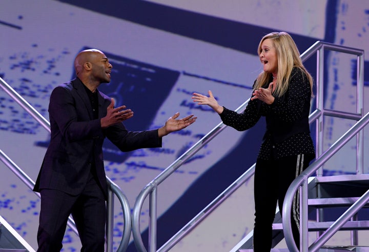 Brandon Victor Dixon and Samantha Bee sing at the "Not The White House Correspondents Dinner" Friday in Washington.