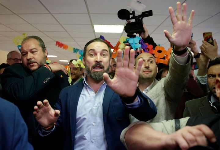 Santiago Abascal, center, leader of far right party Vox