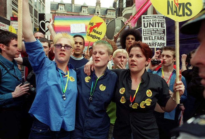 Demonstrators march through Westminster, London, in protest at the Brixton, Brick Lane and Soho nail bombings and racist violence.