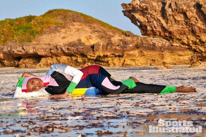 Aden posed in two custom burkinis for the shoot, including this one by Cynthia Rowley.