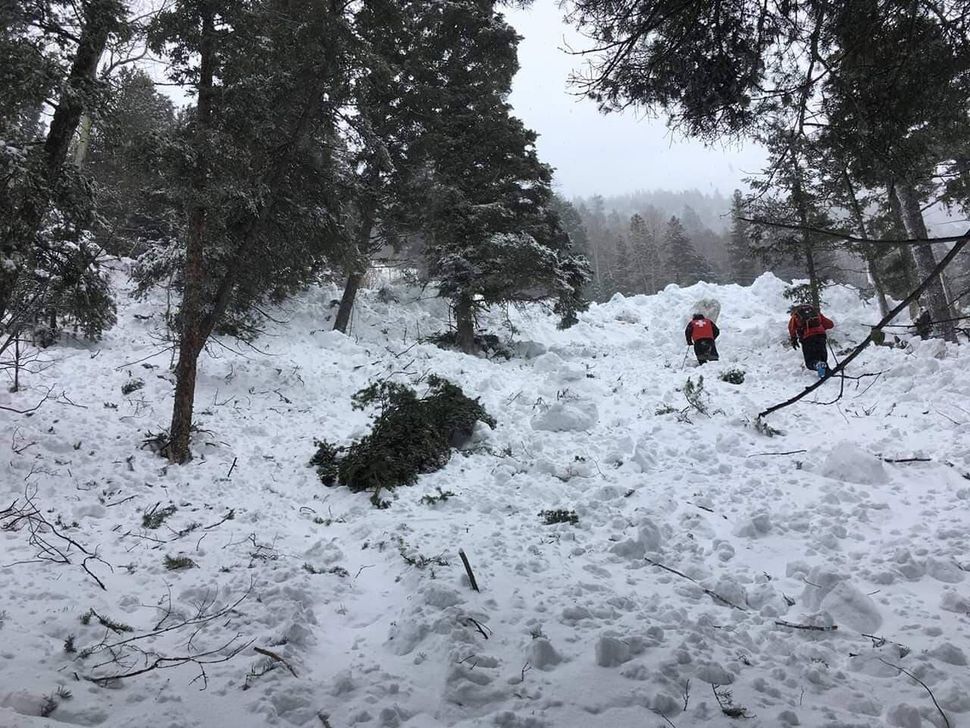 Rescue workers trudging through the avalanche's path of destruction.