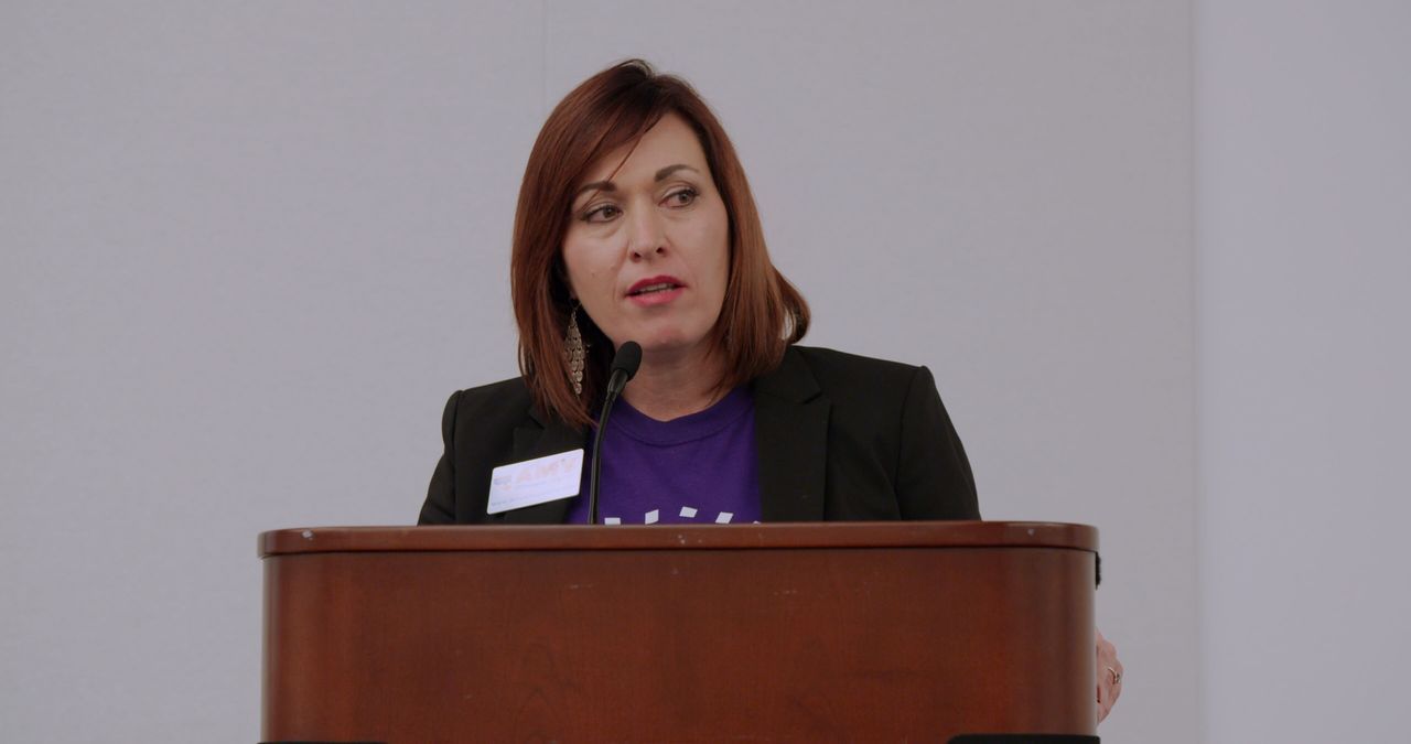 Amy Vilela speaks at a Brand New Congress event, in a scene from "Knock Down the House."