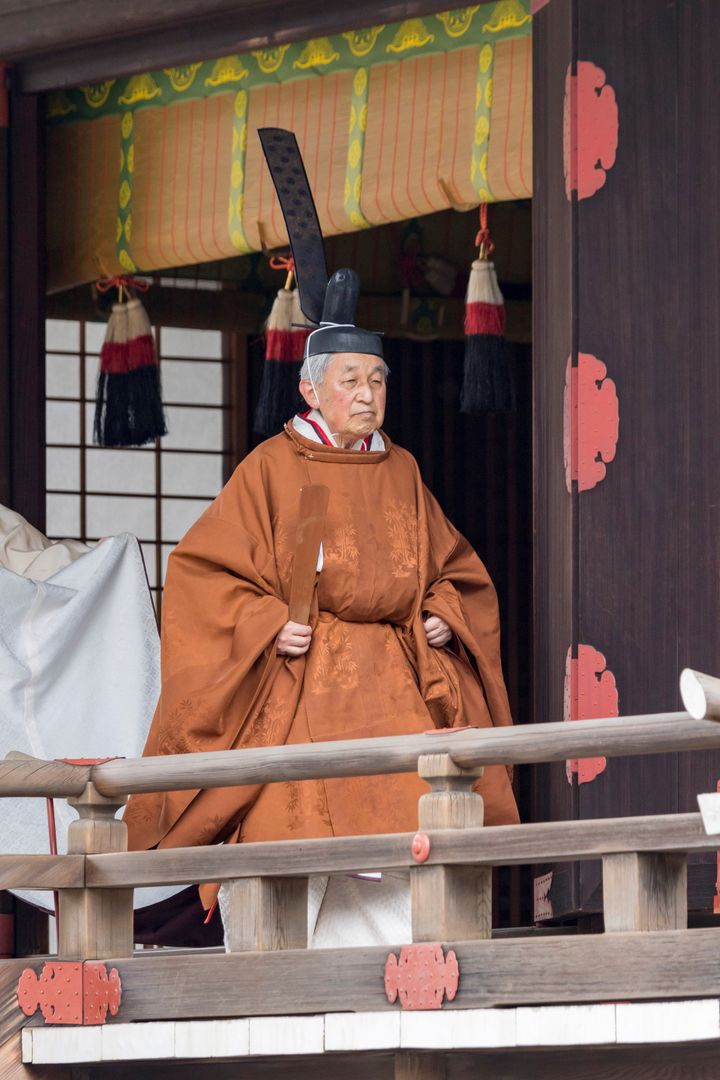 Japan's Emperor Akihito participates in a ceremony called Taiirei-Tojitsu-Kashikodokoro-Omae-no-gi, at the Imperial Palace in