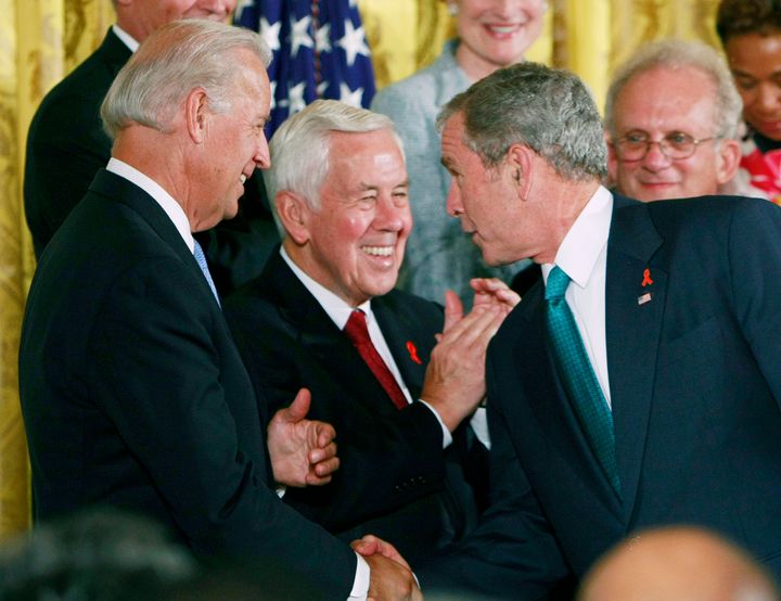 Sens. Joe Biden and Richard Lugar at a signing ceremony with President George W. Bush at the White House on July 30, 2008.