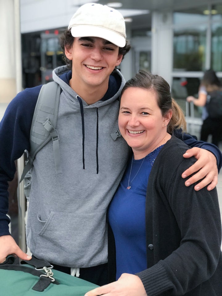 AJ with his mom as he heads for a job on the slopes in Colorado.