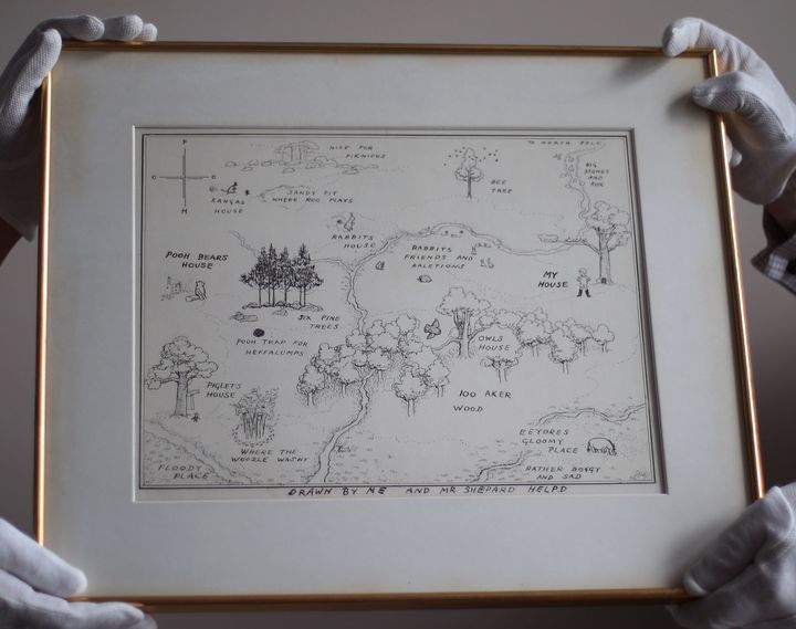 The original map of Winnie-the-Pooh's Hundred Acre Wood, drawn by E.H. Shepard, is shown at an auction in 2018.