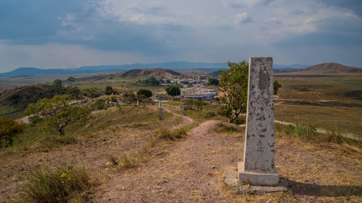 The border between Brazil (on the left) and Venezuela, shown near Pacaraima in northern Brazil.