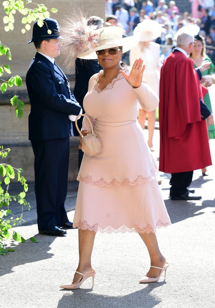 Oprah Winfrey arriving at St. George's Chapel at Windsor Castle for the wedding of Meghan Markle and Prince Harry on May 19, 2018.