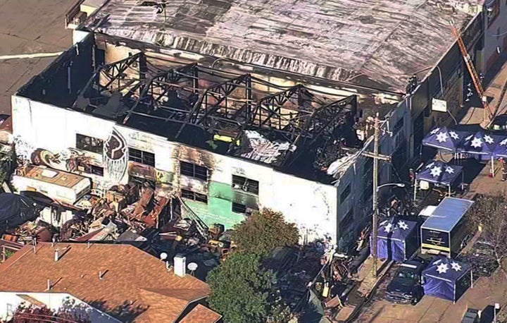 A Dec. 3, 2016, image shows the Ghost Ship warehouse after a fire swept through the building in Oakland, California.