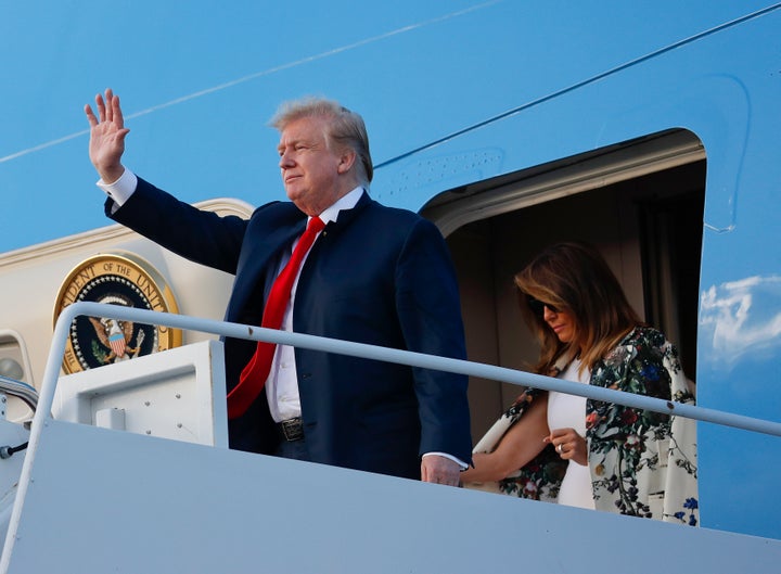 President Donald Trump and first lady Melania Trump arrive April 18 in West Palm Beach, Florida, on Air Force One to spend th