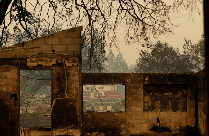 The ashen ruins of a building in Paradise, a Northern California town leveled by the Golden State's deadliest wildfire in history last November.