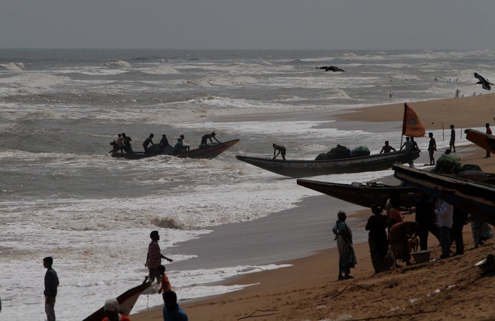 Sea fishing boats are seen at the Konark beach of Puri district and fishermen prepares to ashore their boats to the beach as they withdraw from the sea after cyclone 'Fani' alert.