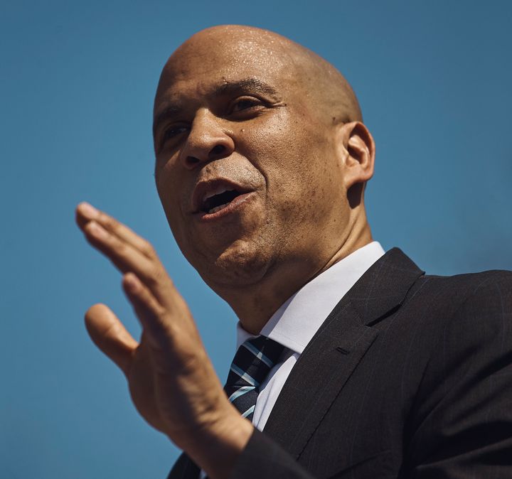 Presidential hopeful Cory Booker talks to the crowd in downtown Newark, N.J.
