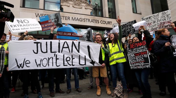 Assange supporters outside Westminster Magistrates’ Court on Thursday morning.