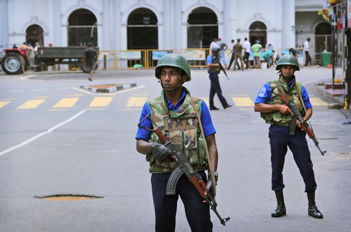 Sri Lankan Naval soldiers stand guard outside St. Anthony's Church in Colombo, Sri Lanka, Monday, April 29, 2019.