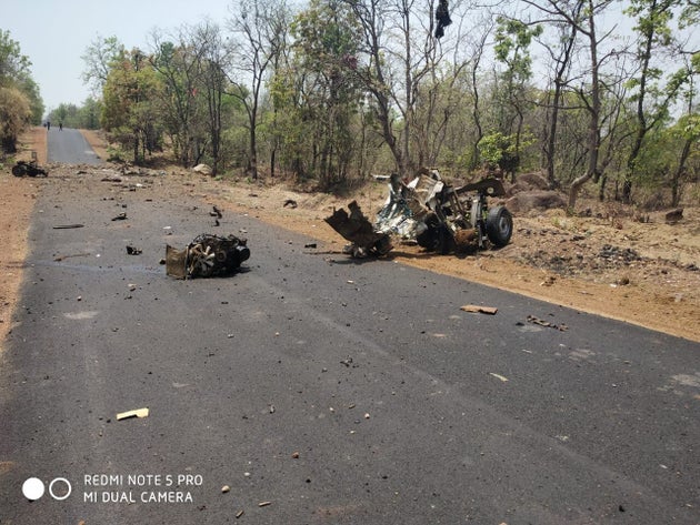The remains of the vehicle in which the QRT jawans were traveling on