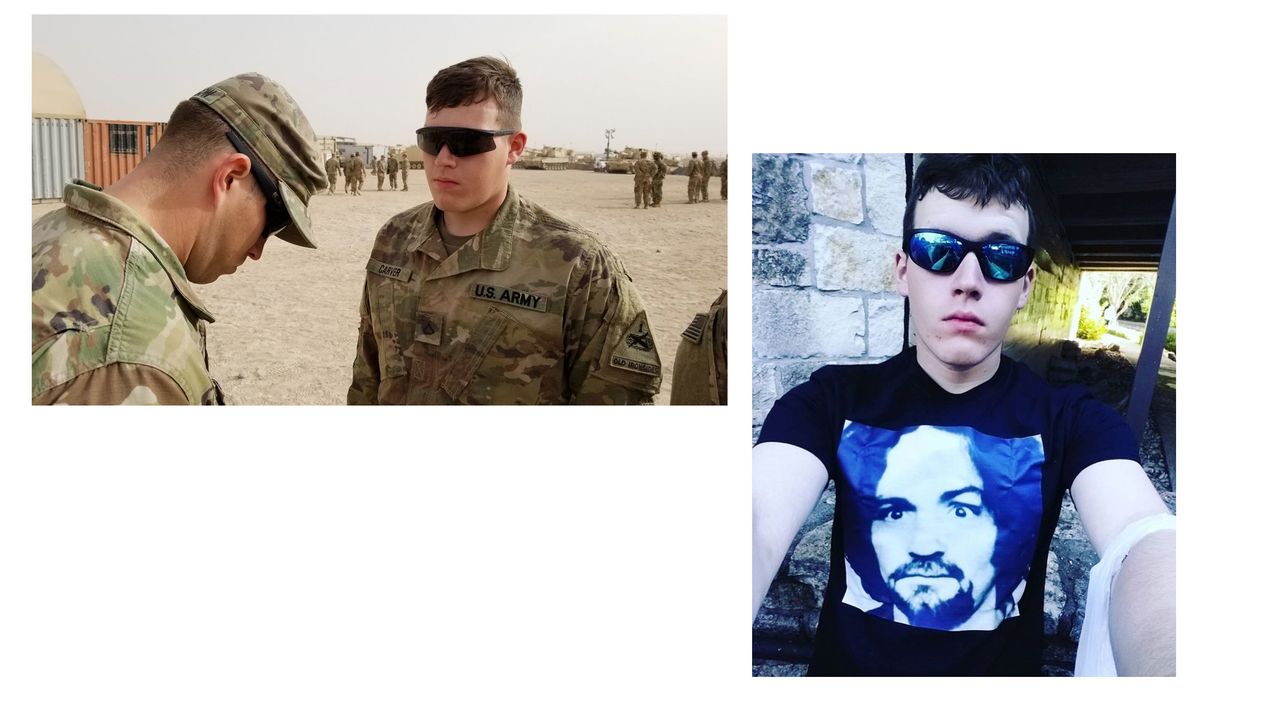 At left, a photo of Corwyn Storm Carver posted to the Facebook account of the 1st Armored Division. On the right, a selfie posted to an Instagram account connected to Carver, in which he wears a Charles Manson T-shirt. The neo-Nazi group Atomwaffen Division idolizes Charles Manson. (Instagram photo provided to HuffPost by Nate Thayer)