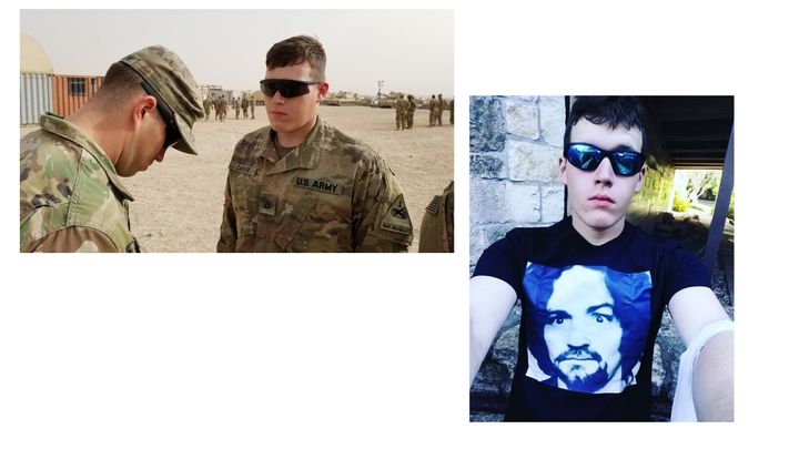 On the left, a photo of Carver posted to the Facebook account of the 1st Armored Division. On the right, a selfie posted to an Instagram account connected to Corwyn Storm Carver, in which he wears a Charles Manson T-shirt. (The Instagram photo was provided to HuffPost by journalist Nate Thayer.)