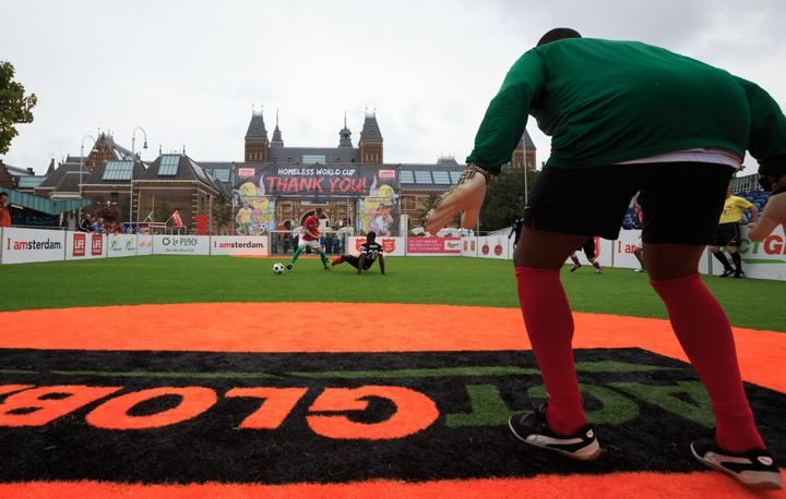 Match action during the game between Hungary and England in the 2015 Homeless World Cup.