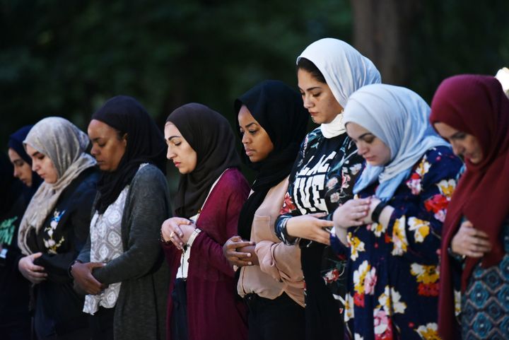 Women pray before iftar, the traditional Ramadan fast-breaking meal, at Lafayette Square during the Muslim holy month of Ramadan on June 6, 2018, in Washington, DC.