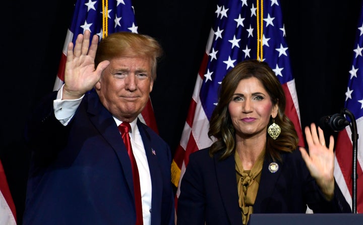 President Donald Trump speaks during a fundraiser for then-Republican gubernatorial hopeful Kristi Noem in Sioux Falls, South Dakota, on Sept. 7, 2018.