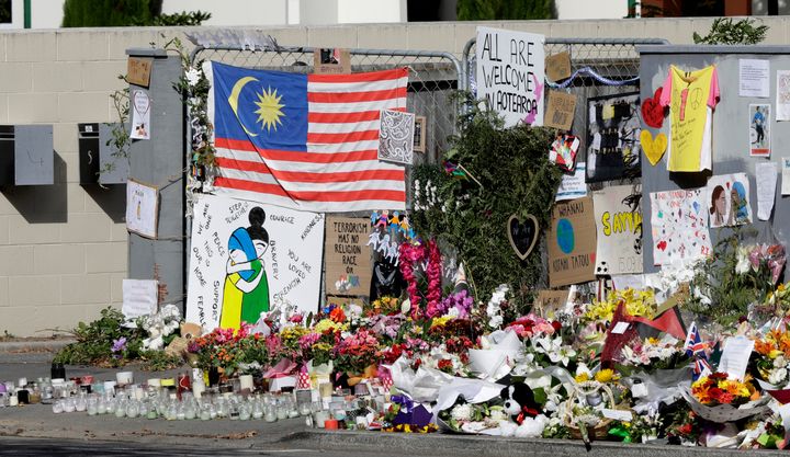 Tributes hang on the fence outside the Al Noor Mosque in Christchurch, New Zealand.