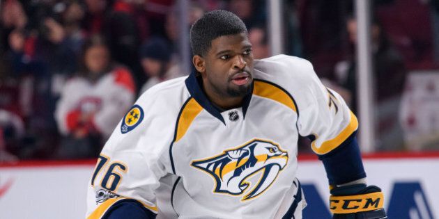 MONTREAL, QC - MARCH 02: Nashville Predators defenseman P.K. Subban (76) looks on during the warmup of the NHL regular season game between the Nashville Predators and the Montreal Canadiens on March 2, 2017, at the Bell Centre in Montreal, QC (Photo by Vincent Ethier/Icon Sportswire via Getty Images)