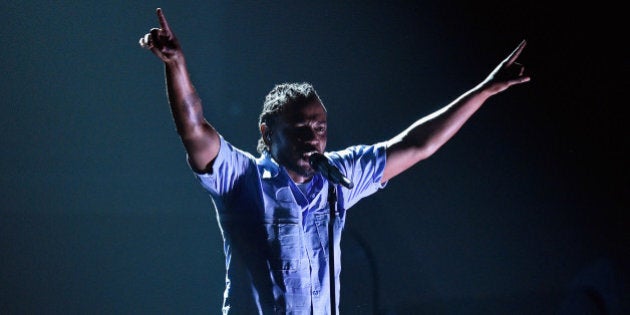 LOS ANGELES, CA - FEBRUARY 15: Rapper Kendrick Lamar performs onstage during The 58th GRAMMY Awards at Staples Center on February 15, 2016 in Los Angeles, California. (Photo by Kevork Djansezian/Getty Images for NARAS)