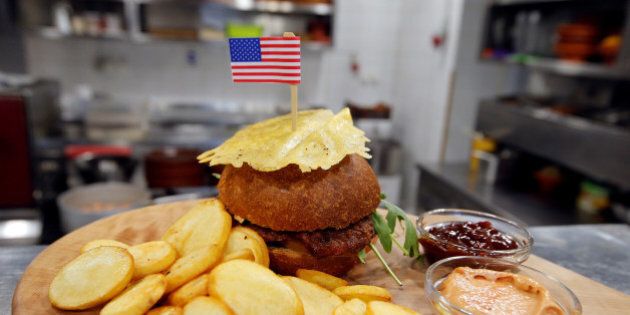 A burger named President's burger is seen in the kitchen of Rondo restaurant in Melania Trump's hometown of Sevnica, Slovenia January 20, 2017. REUTERS/Srdjan Zivulovic