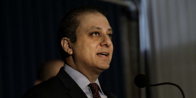 Preet Bharara, U.S. attorney for the Southern District of New York, speaks during a press conference in New York, U.S., on Wednesday, Dec. 21, 2016. A former portfolio manager who was responsible for investing more than $53 billion in New York State employee retirement funds took more than $100,000 in bribes in exchange for steering more than $2 billion in pension business to two brokers, earning them and their firms millions of dollars in commissions, authorities said on Wednesday. Photographer: Peter Foley/Bloomberg via Getty Images