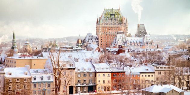 Quebec City Winter Skyline featuring the Chateau Frontenac tower.