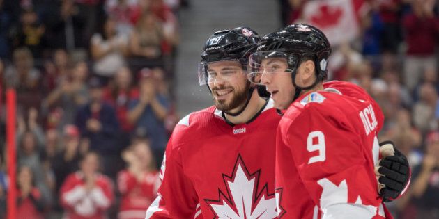 Sep 10, 2016; Ottawa, Ontario, Canada; Team Canada forward Matt Duchene (9) celeabrates with forward Tyler Seguin (19) his goal scored against Team USA during a World Cup of Hockey pre-tournament game at Canadian Tire Centre. Mandatory Credit: Marc DesRosiers-USA TODAY Sports