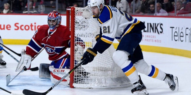 Feb 11, 2017; Montreal, Quebec, CAN; St-Louis Blues forward Patrik Berglund (21) goes around the net of Montreal Canadiens goalie Al Montoya (35) during the first period at the Bell Centre. Mandatory Credit: Eric Bolte-USA TODAY Sports