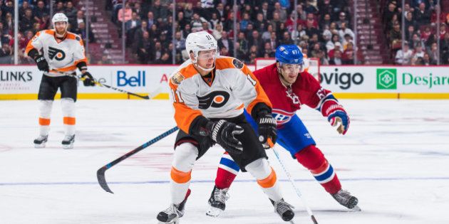 October 24, 2016: Philadelphia Flyers Winger Travis Konecny (11) trying to get into canadien territory followed closely by Montreal Canadiens Left Wing Max Pacioretty (67) during the Philadelphia Flyers versus the Montreal Canadiens game at Bell Centre in Montreal, QC (Photo by David Kirouac/Icon Sportswire via Getty Images)