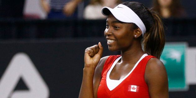 QUEBEC CITY, QC - FEBRUARY7: Francoise Abanda of Canada reacts after defeating Olga Govortsova of Belarus during their Fed Cup BNP Paribas match at Laval University in Quebec City on February 7, 2016 in Quebec City, Quebec, Canada. (Photo by Mathieu Belanger/Getty Images)