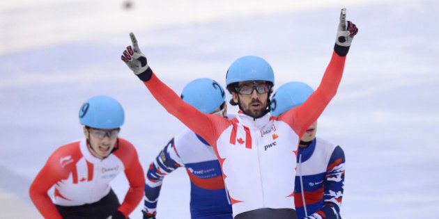 DRESDEN, GERMANY - FEBRUARY 07: Charles Hamelin of Canada celebrates after the Men 500 M Final during day two of the ISU World Cup Short Track Speed Skating at EnergieVerbund Arena on February 7, 2016 in Dresden, Germany. (Photo by Daniel Kopatsch - ISU/ISU via Getty Images)
