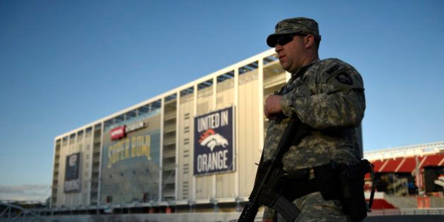 SANTA CLARA, CA - FEBRUARY 02: California National Guard specialist Trae Carpenter guarding Levi's Stadium in Santa Clara, CA. February 02, 2016 (Photo by Joe Amon/The Denver Post via Getty Images)