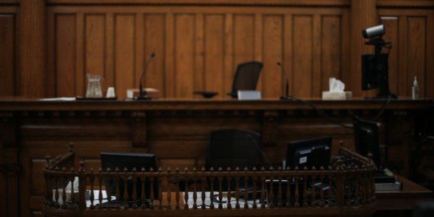 TORONTO, ONTARIO - JANUARY 28, 2016 -Court clerk box and judges chair in behind. Inside Courtroom 125 at Old City Hall. This is the courtroom where Jian Ghomeshi will be held. (Rene Johnston/Toronto Star via Getty Images)