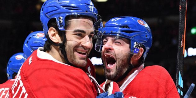 MONTREAL, QC - JANUARY 31: Max Pacioretty #67 and Alexander Radulov #47 of the Montreal Canadiens celebrate after scoring a goal against the Buffalo Sabres in the NHL game at the Bell Centre on January 31, 2017 in Montreal, Quebec, Canada. (Photo by Francois Lacasse/NHLI via Getty Images)