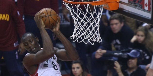 TORONTO, ON- MAY 21: Bismack Biyombo leaps for a rebound as the Toronto Raptors beat the Cleveland Cavaliers in game 3 of the NBA Conference Finals at the Air Canada Centre in Toronto. May 21, 2016. (Steve Russell/Toronto Star via Getty Images)