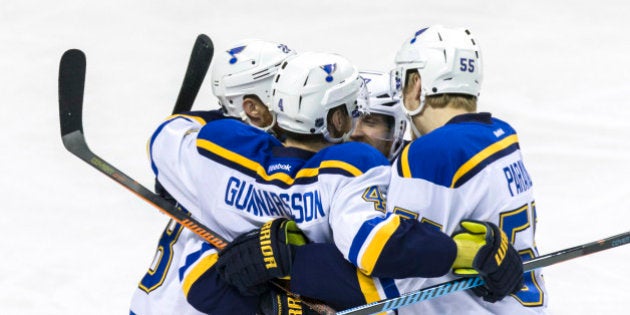 May 21, 2016; San Jose, CA, USA; St. Louis Blues center Kyle Brodziak (28) celebrates scoring against the San Jose Sharks in the second period of game four of the Western Conference Final of the 2016 Stanley Cup Playoffs at SAP Center at San Jose. Mandatory Credit: John Hefti-USA TODAY Sports