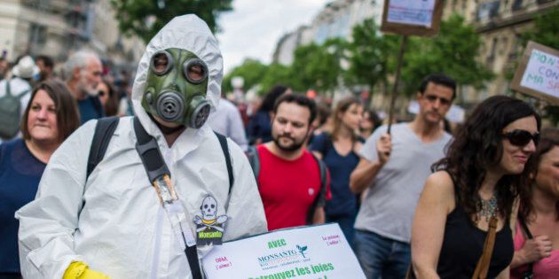 Protesters participate, during a World March Against Monsanto, in Paris, France, during a global day of action against the agricultural biotechnology company, in Paris, Saturday, May 23 2015. Marches and rallies against Monsanto, a sustainable agriculture company and genetically modified organisms (GMO) food and seeds were held in dozens of countries in a global campaign highlighting the dangers of GMO Food. (AP Photo/Kamil Zihnioglu)