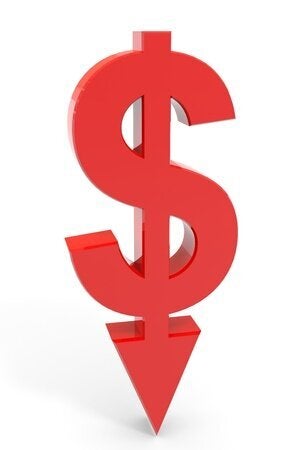 12555370 - red dollar sign with arrow down. concept bankruptcy, financial collapse, depression, failure, money crisis. computer generated image.