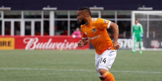 FOXBOROUGH, MA - APRIL 08: Houston Dynamo midfielder Alex (14) looks to play the ball into the box during a regular season MLS match between the New England Revolution and the Houston Dynamo on April 8, 2017, at Gillette Stadium in Foxborough, Massachusetts. The Revolution defeated the Dynamo 2-0. (Photo by Fred Kfoury III/Icon Sportswire via Getty Images)