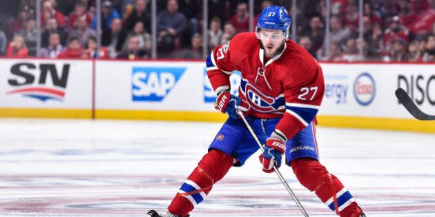 MONTREAL, QC - APRIL 14: Alex Galchenyuk #27 of the Montreal Canadiens skates the puck across the blue line against the New York Rangers in Game Two of the Eastern Conference First Round during the 2017 NHL Stanley Cup Playoffs at the Bell Centre on April 14, 2017 in Montreal, Quebec, Canada. The Montreal Canadiens defeated the New York Rangers 4-3 in overtime. (Photo by Minas Panagiotakis/Getty Images)