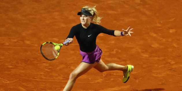 ROME, ITALY - MAY 12: Eugenie Bouchard of Canada in action against Barbora Strycova of the Czech Republic during day five of The Internazionali BNL d'Italia 2016 on May 12, 2016 in Rome, Italy. (Photo by Matthew Lewis/Getty Images)
