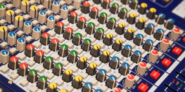 Sound mixing board, close-up of knobs